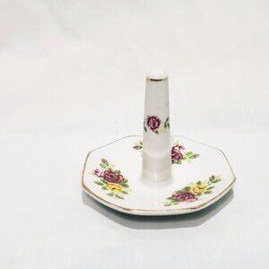 Ring Holder Jewelry Pink Yellow Roses Porcelain 3" Vintage Floral J.B.